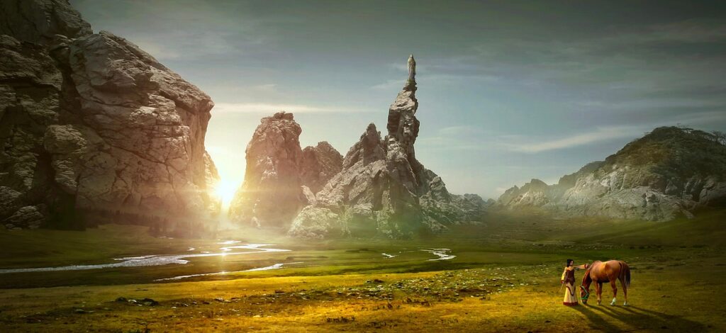 fantasy, landscape, mountains, rock, horse, woman, meadow, mood, fairy tale, nature, light, mystical, girl, composing, photomontage, mysterious, expanse, magic, dream, magical, surreal, stones, heaven, sun, haze